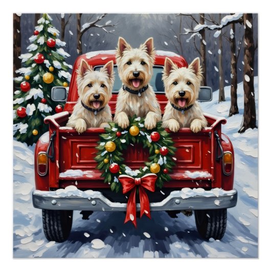 West Highland White Terrier Christmas Red Truck ポスター (正面)