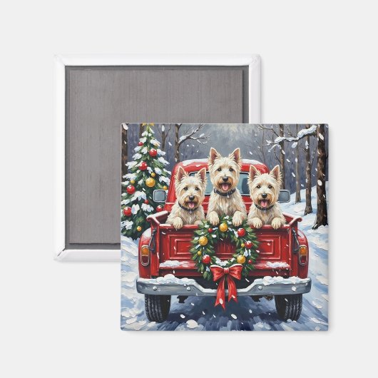 West Highland White Terrier Christmas Red Truck マグネット (正面/裏面)