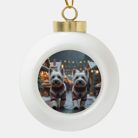 West Highland White Terrier Dogs Christmas Snow  セラミックボールオーナメント (正面)