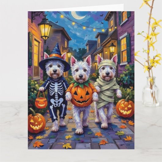 West Highland White Terrier In Halloween Costumes カード (黄色い花)
