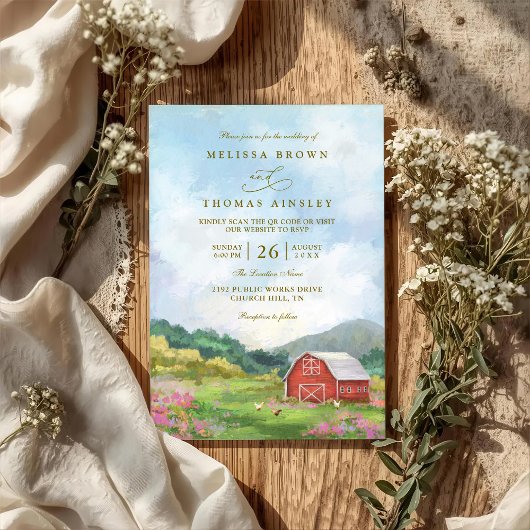 Western Barn Rustic Countryside QR Code Wedding 招待状