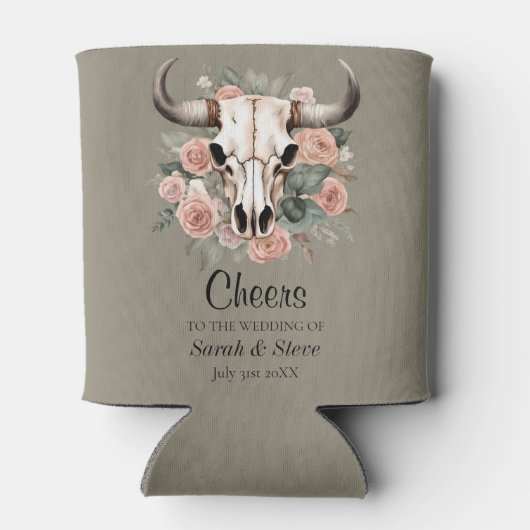 Western Boho Cow Floral Skull Sage Wedding 缶クーラー (裏面)