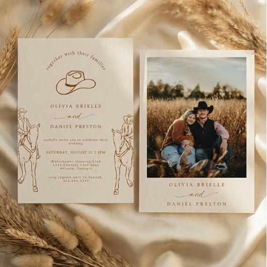 Western Boho Pampas Grass Cowboy Photo Wedding 招待状