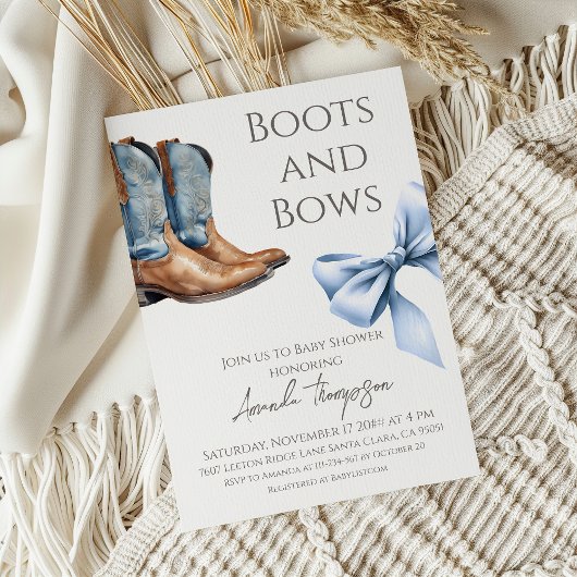 Western Boots and Bows Blue Boy Baby Shower 招待状