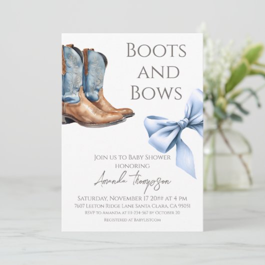 Western Boots and Bows Blue Boy Baby Shower 招待状 (スタンド正面)