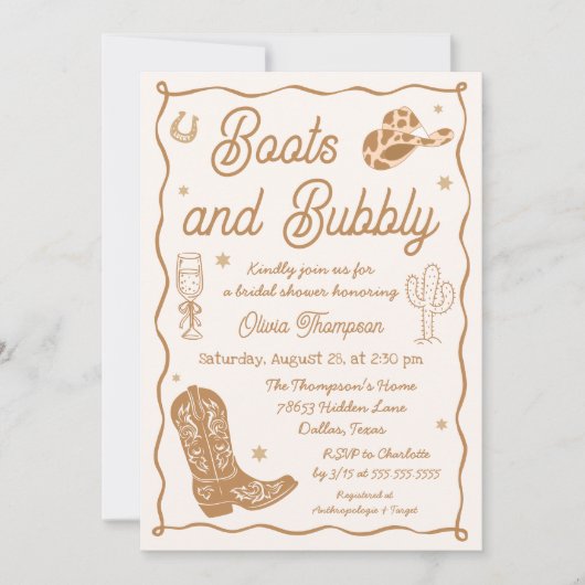 Western Boots and Bubbly Bridal Shower 招待状 (正面)