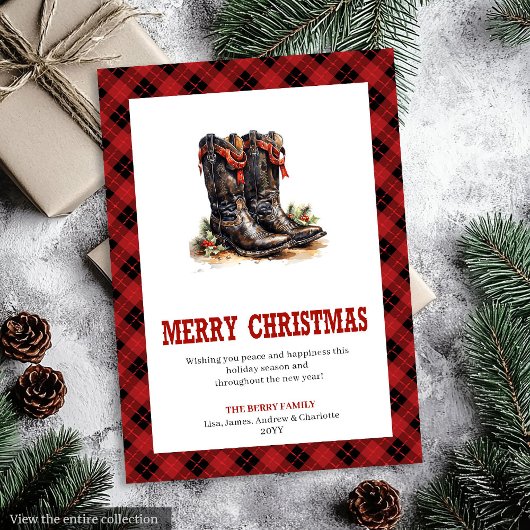 Western Boots Buffalo Plaid Tartan Christmas Card シーズンカード