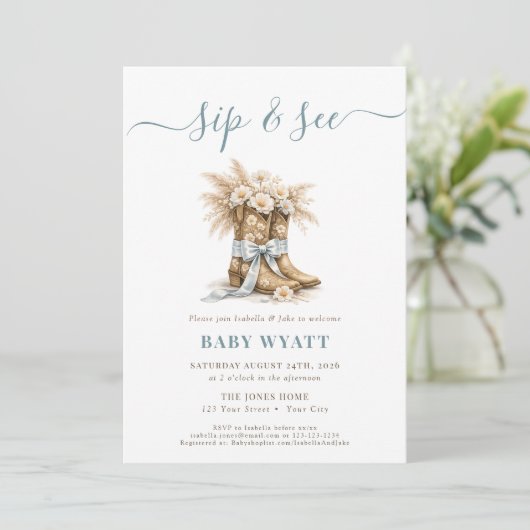  Western Boots & Coquette Blue Bow Boy Sip & See 招待状 (スタンド正面)
