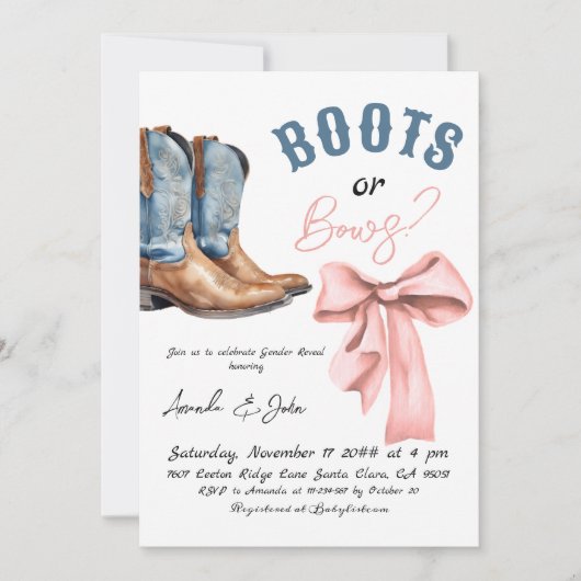 Western Boots or Bows He or She Gender Reveal 招待状 (正面)
