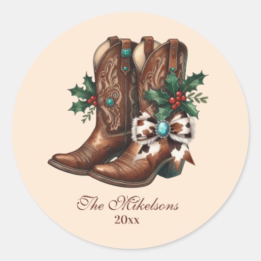 Western Bow & Boots Christmas  ラウンドシール (正面)