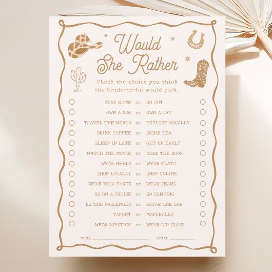 Western Bridal Shower Would She Rather Game Card 招待状