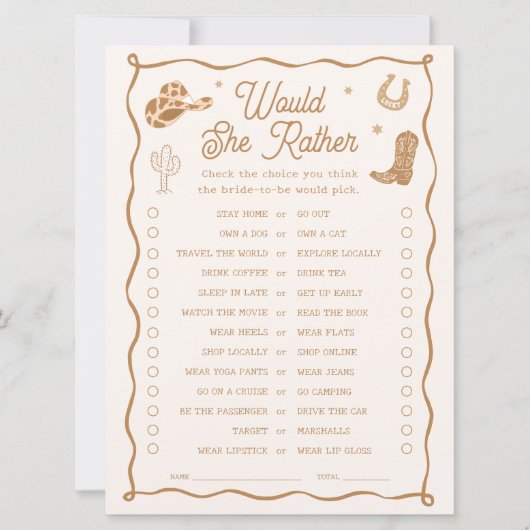 Western Bridal Shower Would She Rather Game Card 招待状 (正面)