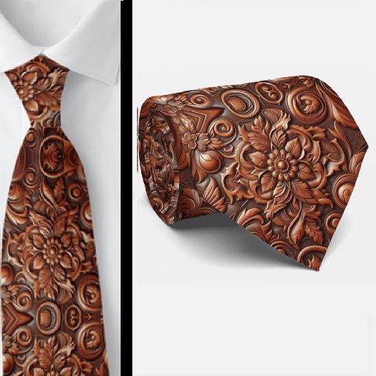 Western Brown Faux Leather Tooled Retro Mens Tie ネクタイ