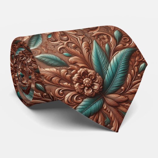 Western Brown Faux Leather Tooled with Feathers ネクタイ (ロール)