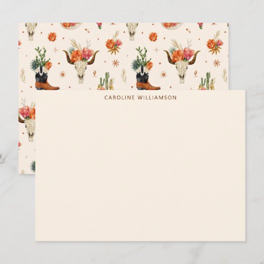 Western Bull Skull Floral Personalized Stationery ノートカード (正面/裏面)