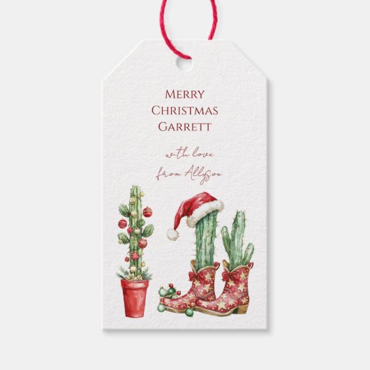 Western Cactus Christmas Cowboy Boots ギフトタグ (正面)