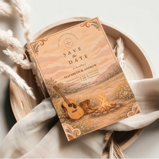 Western Campfire Guitar Meadow Wedding セーブザデート