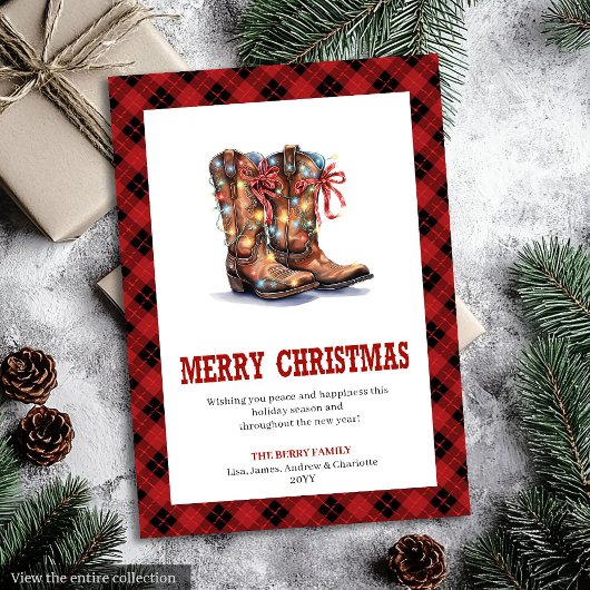 Western Christmas card red buffalo plaid tartan シーズンカード