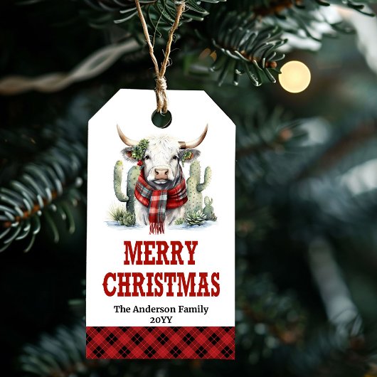 Western Christmas plaid editable tag highland cow ギフトタグ