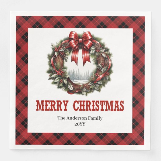 Western Christmas wreath red black buffalo napkins (正面)