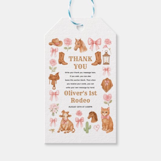 Western Coquette Cowgirl 1st Birthday Cute Pink ギフトタグ (正面)
