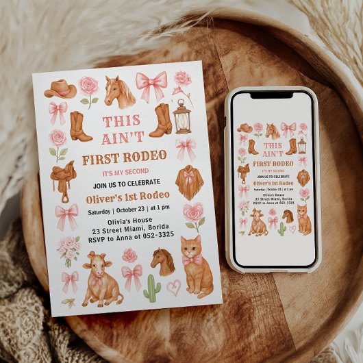 Western Coquette Cowgirl 1st Birthday Cute Pink 招待状