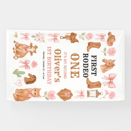 Western Coquette Cowgirl 1st Birthday Cute Pink 横断幕 (横)