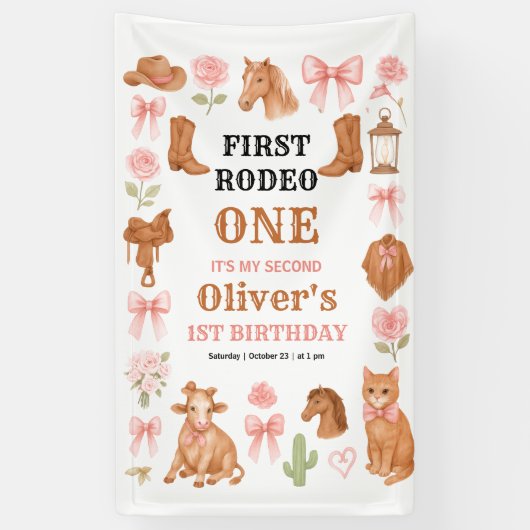 Western Coquette Cowgirl 1st Birthday Cute Pink 横断幕 (縦)