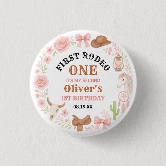 Western Coquette Cowgirl 1st Birthday Cute Pink 缶バッジ (正面)