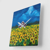 western country red barn summer sunflower field スクエア壁時計 (傾斜)