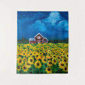 western country red barn summer sunflower field タペストリー (正面)