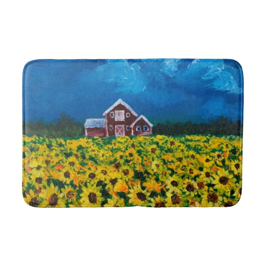 western country red barn summer sunflower field バスマット (正面)