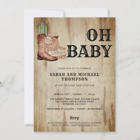 Western Cowboy Baby Shower Cactus Hat Boots 招待状 (正面)