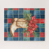 Western Cowboy Boot Red Floral Christmas ジグソーパズル (横)