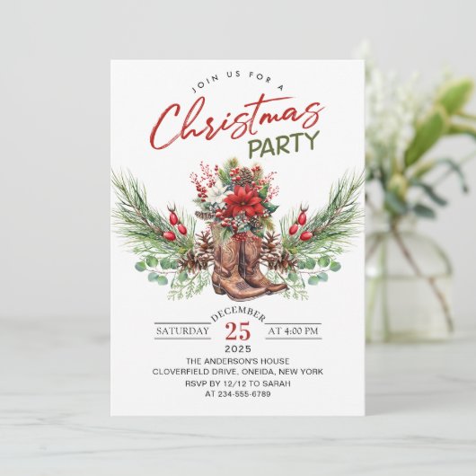 Western Cowboy Boots Christmas Party Invitation 招待状 (スタンド正面)