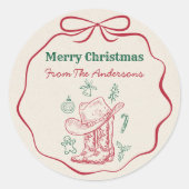 Western Cowboy Boots Retro Hand Drawn Ribbon Bow ラウンドシール (正面)