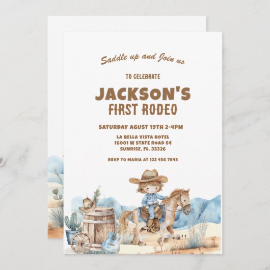 Western Cowboy First Rodeo Birthday 招待状 (正面/裏面)