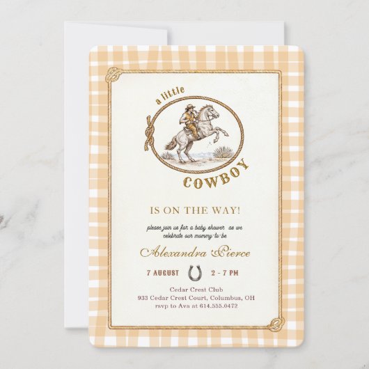 Western Cowboy Plaid Gingham Baby Shower 招待状 (正面)