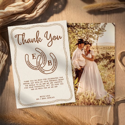Western Cowboy Rope Horseshoe Photo Thank You Card 招待状