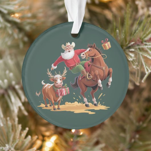 Western Cowboy Santa Xmas Rodeo Horse & Reindeer  オーナメント (ツリー)