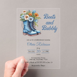 Western Cowgirl Blue Boots & Bubbly Bridal Shower  アクリル招待状