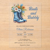 Western Cowgirl Blue Boots & Bubbly Bridal Shower  アクリル招待状 (正面)