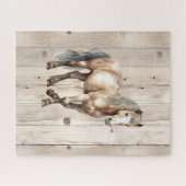 Western Cowgirl Cowboy Horse Faux Wood ジグソーパズル (横)