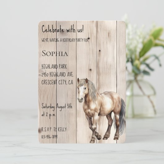 Western Cowgirl Cowboy Horse Faux Wood Birthday 招待状 (スタンド正面)
