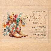 Western Cowgirl Floral Boots Bridal Shower アクリル招待状 (正面)