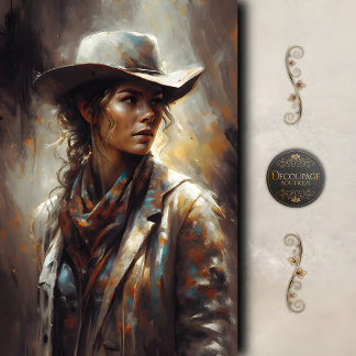 Western Cowgirl Portrait Art Decoupage 薄葉紙