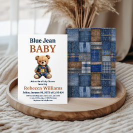 Western Denim Patchwork Bear Blue Jean Baby Shower 招待状