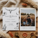 Western Desert Country cowboy Photo Save The Date セーブザデート<br><div class="desc">Celebrate your love with this rustic western cowboy wedding save the date card. This design features hand-drawn western illustrations including a longhorn skull, cactus, cowboy boots, horseshoe, and hat on a warm terracotta background. Perfect for couples planning a country, ranch, or western themed wedding. The elegant typography combined with rustic...</div>