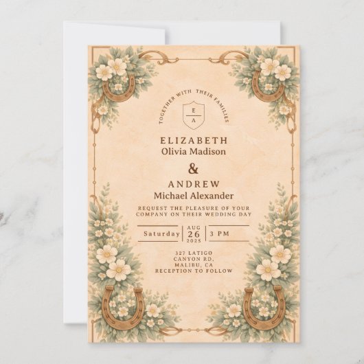 Western Desert Horseshoe Floral Wedding 招待状 (正面)