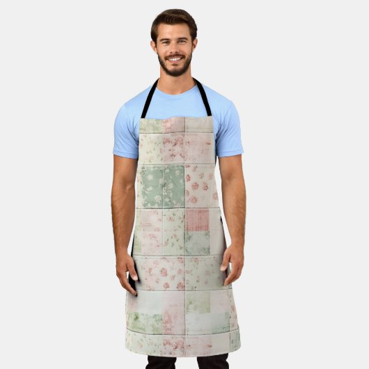 Western Farm Mint Pink Floral Quilt Patterns エプロン (着用した状態)
